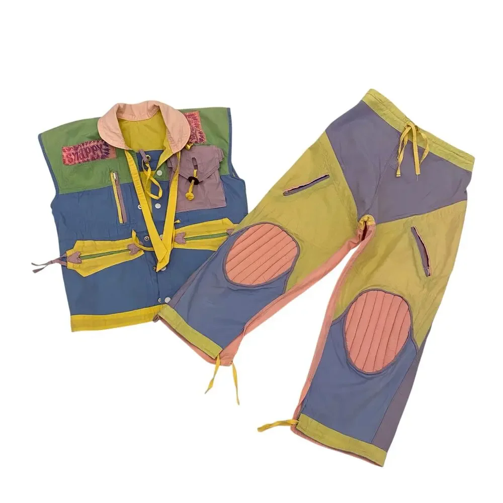 Vintage 80s Colorblock Knee Dits 100% Cotton Vest and Pants Set Kids Size 12